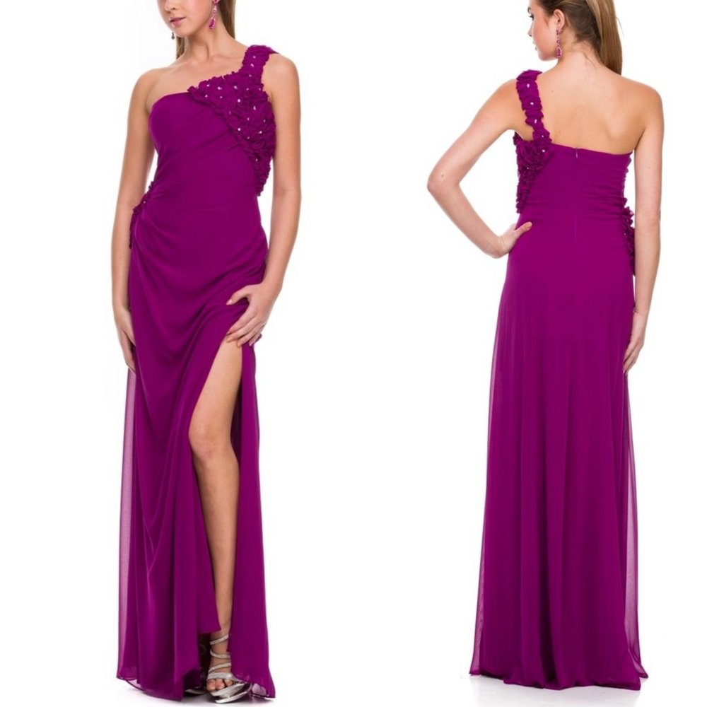 NWT Nox Anabel One Shoulder side slit formal Prom gown event dress M, L, Magenta